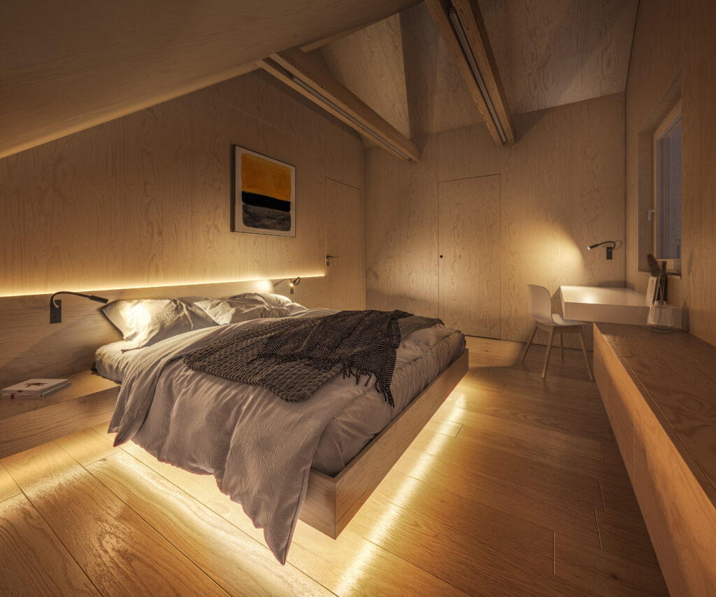 Interior Of A Modern Plywood Bedroom At Night Showcase Sypialni