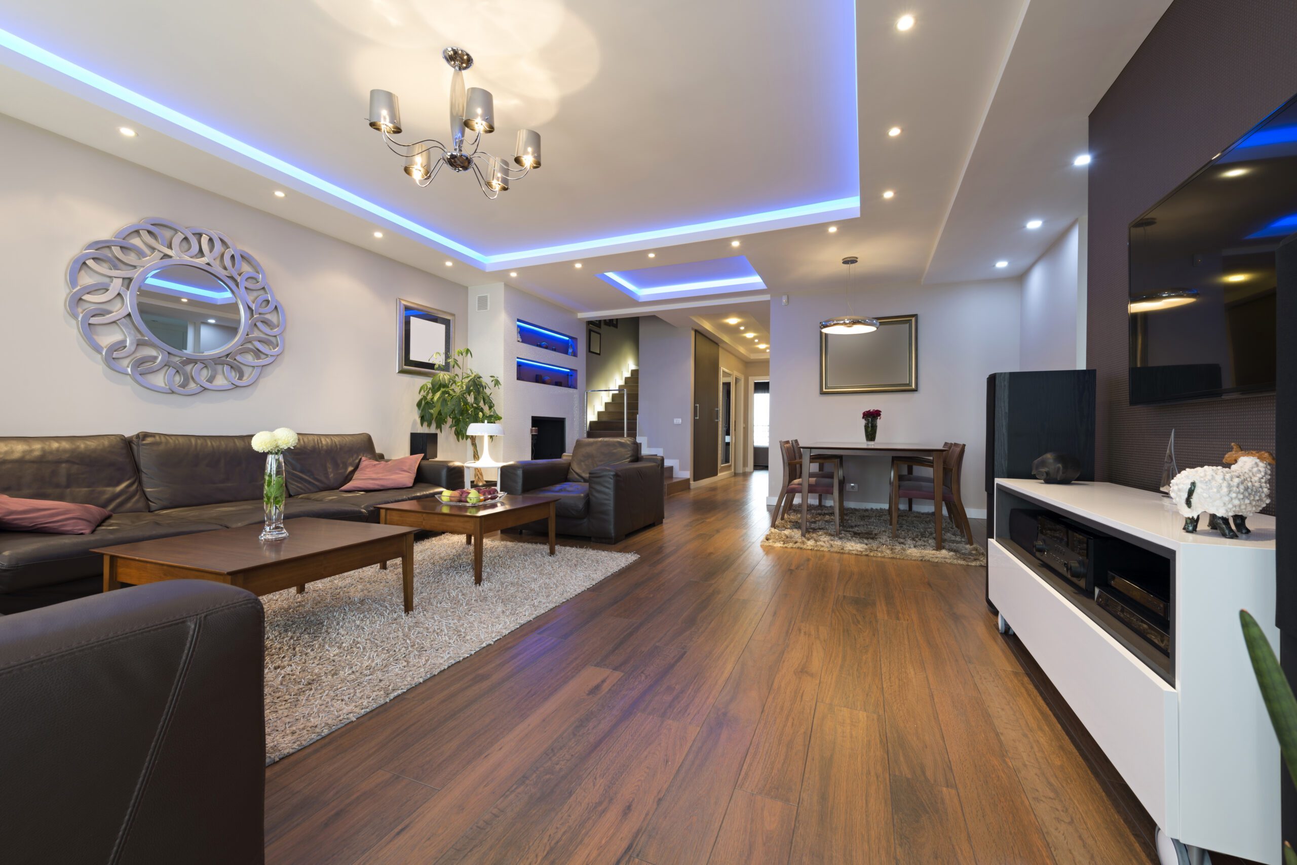 Luxury specious living room interior with modern ceiling lights