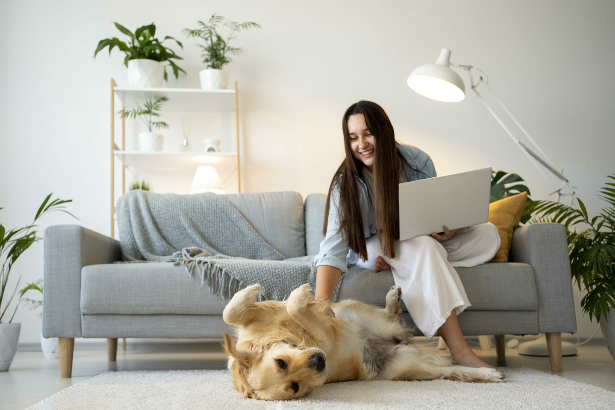 Full Shot Woman Working With Cute Dog