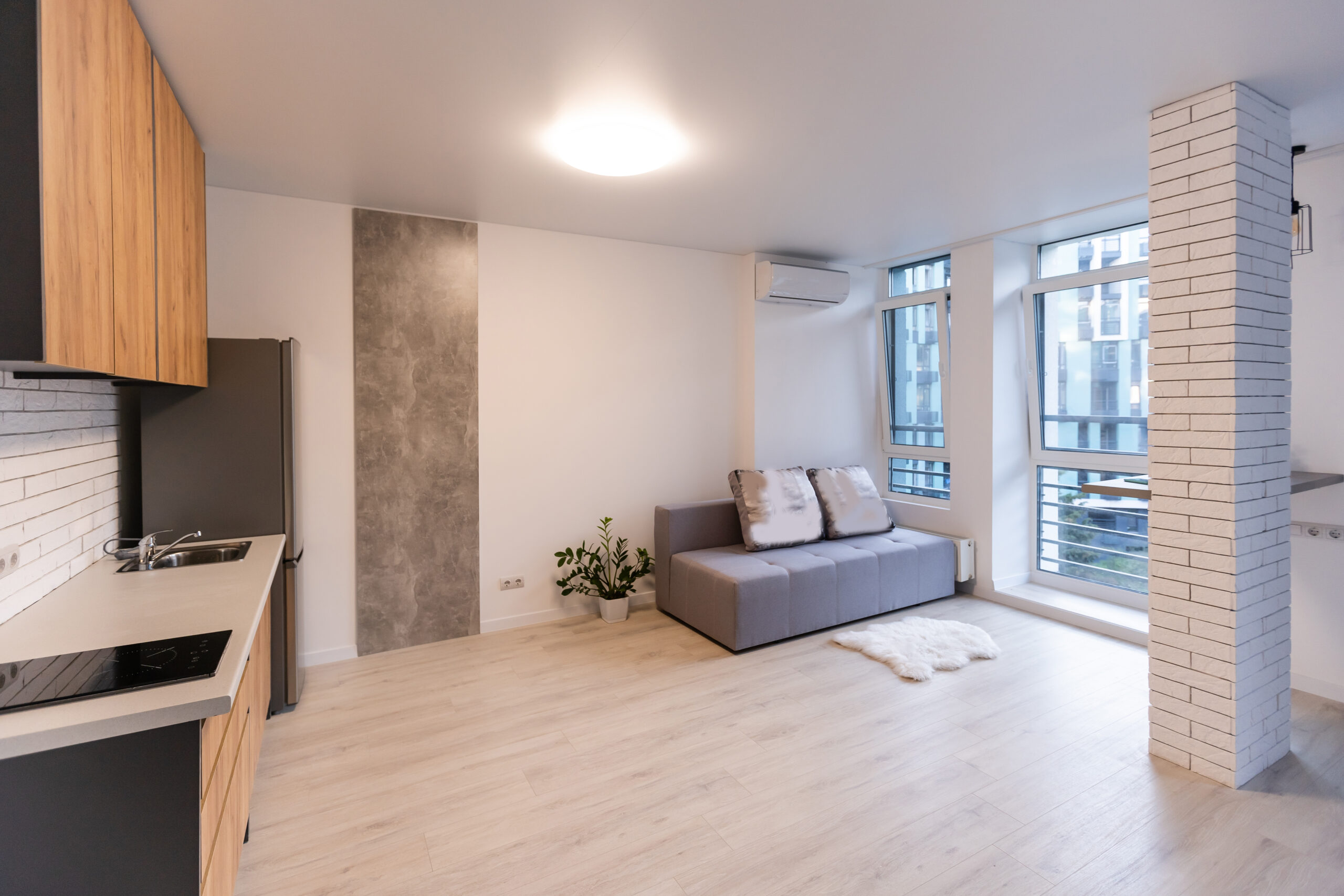 Kitchen And Living Room Of Loft Apartment