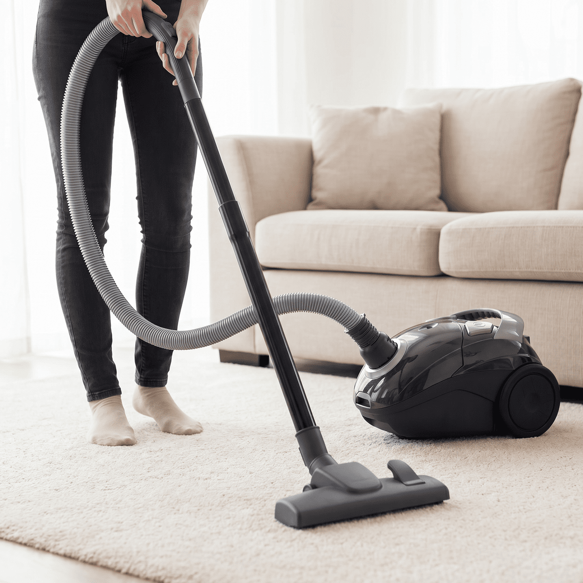 BLAUPUNKT_kobieta odkurza dywan w salonie przy pomocy odkurzacza workowego VCB101